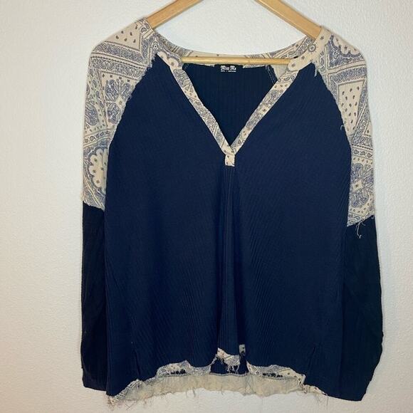 Miss Me Navy Distressed Long Sleeve Henley V-Neck Paisley Oversized Top - Picture 3 of 7